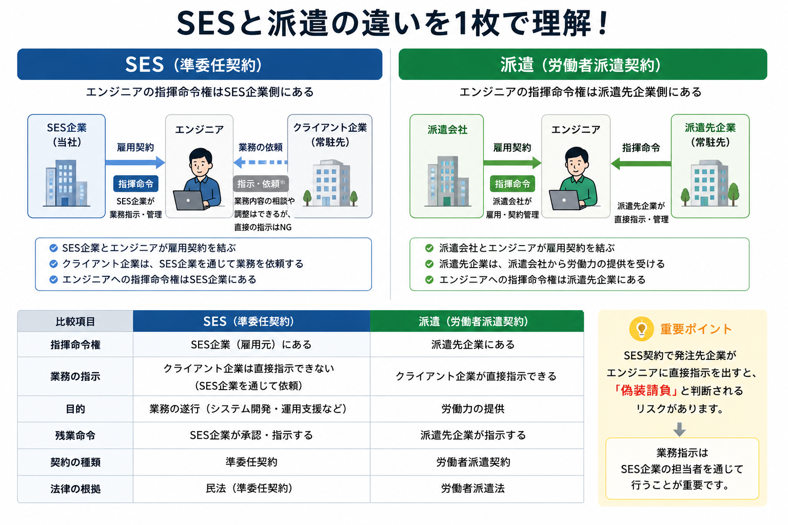 SES・派遣・請負の違いを比較した図解